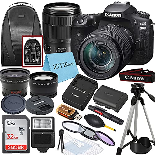 Canon EOS 90D DSLR Camera 32.5MP Sensor 4K UHD with EF-S 18-135mm USM Lens + SanDisk 32GB Memory Card + Tripod + Case + Wideangle Lenses + ZeeTech Accessory Bundle (20pc Bundle)