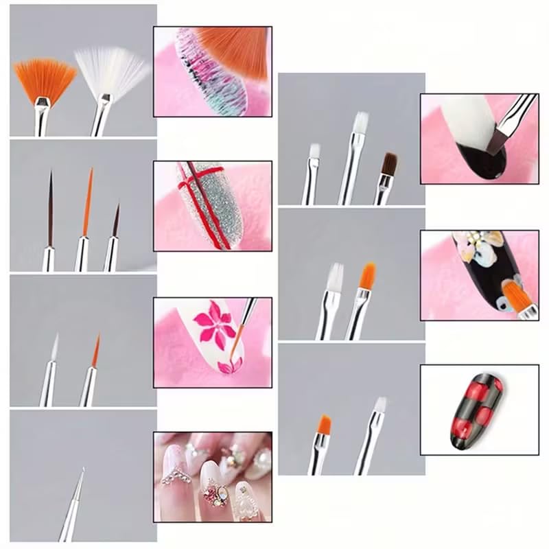 20pcs Nail Art Brush Set Professional Nail Design Brushes for Gel Polish, Acrylic Painting, Dotting and Carving, Flat Fan Liner Detail Nail Brushes Manicure Nail Tools Kit