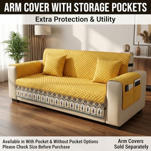 Image of KINGLY Sofa Cover 4 Seater Fully Covered | Stretchable Anti-Slip Slipcover | Washable Furniture Protector | Mustard Yellow | Set of 2 | Seat & Back |