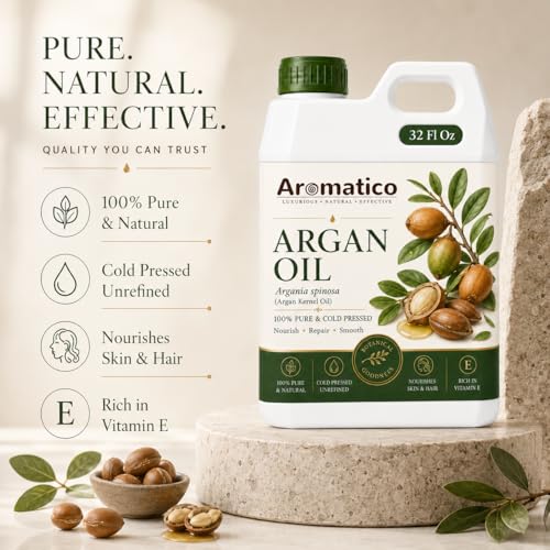 Image of AROMATICO Argan Oil for Hair, Face and Beard, Multipurpose Beauty Oil for Shine, Frizz-Look Control, Dry Skin Care and Premium Daily Grooming - 946 ml