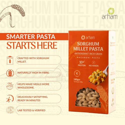 Image of Arham Organic Sorghum Millet Macaroni Pasta 180g | Healthy No Maida Pasta | High Fiber & Protein | Non-GMO, No Preservatives | Easy & Quick to Cook