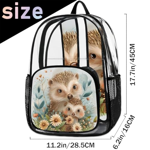 Watercolour Hedgehogs Flower Clear Backpack Stadium Approved PVC Backpacks for Adults Heavy Duty Clear Bag for Work Security Travel College2