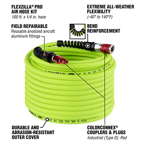 Flexzilla Pro HFZP14100YW2-D Air Hose Kit, Flexzilla with Plug & Coupler, 1/4" (inches) x 100' (feet) - Image 2