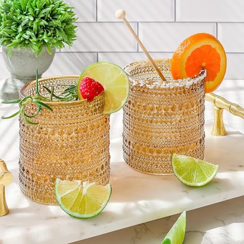 Image of Kate Aspen Beaded Amber Drinking Glasses Set of 6-10 oz Vintage Glassware Set Jupiter Glasses, Cocktail Glass Set, Juice Glass, Water Cups | Hostess Gift, Christmas Present, Gift for Newlyweds