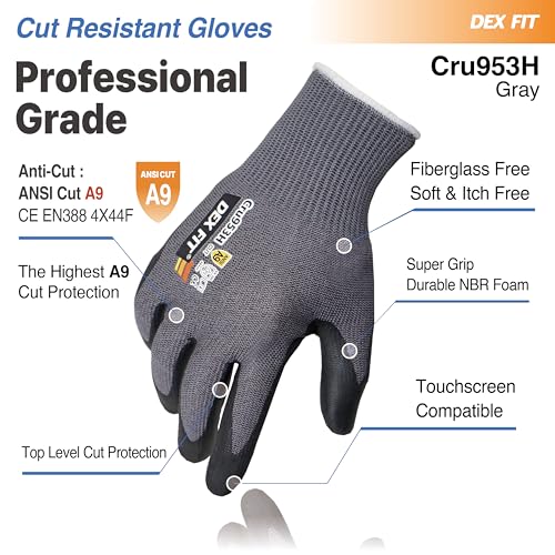 Image of DEX FIT Cru953H Level A9 Cut Resistant Gloves, Fiberglass-Free, Power Grip Foam Nitrile, 3D Comfort Fit, Touchscreen, 13-Gauge for Sheet Metal, Stamping, Glass, Recycling; Gray XL (10) 1 Pair