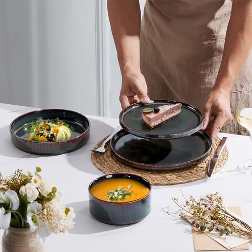 Image of E-far 16 Piece Dinnerware Sets, Plates and Bowls with Pasta Bowls Service for 4, Modern Stoneware Ribbed Dishes for Kitchen Dining, Microwave & Dishwasher Safe, Blackish Green