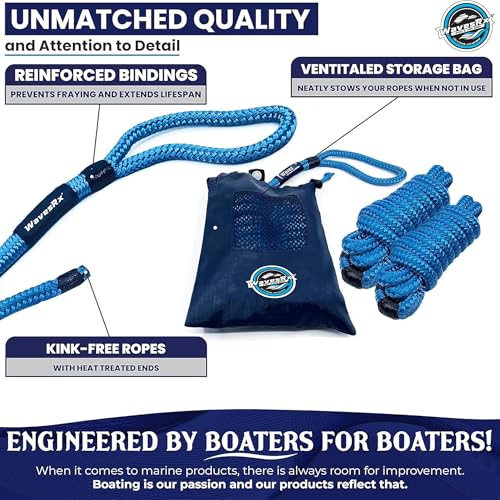 Image of WavesRx Premium Fender Line 3 /8'' x 6' (4 Pack) | Double Braided Nylon Boat Dock Lines and Ropes for Docking Buoys & Fenders | Marine Dock Ropes for Boats, Pontoons | Boat Ropes for Docking with Loop