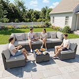 LHBcraft 7 Pieces Outdoor Furniture Set, Wicker Furniture Patio Conversation Sets with Tea Table and Thickened Beige Cushions,Grey Outdoor Patio Sectional Sofa for Garden, Poolside, Backyard