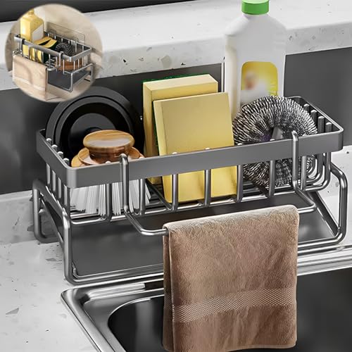 ZIGefofo Organizador para Fregadero de Cocina Gris con Ganchos Adhesivos Multifuncional 2 en 1 Estante de Renaje de Esponja Porta Esponja Cocina Fregadero para Esponja Tapón de Fregadero Paño