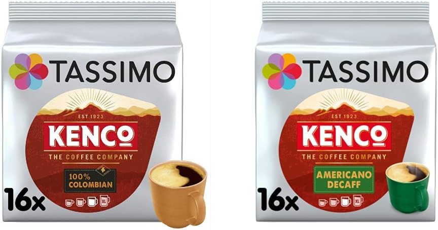 Kenco Colombian Coffee Pods X16 (Pack of 5, Total 80 Drinks) & Tassimo Kenco Americano Decaf Coffee Pods (Pack of 5, Total 80 Coffee Capsules)