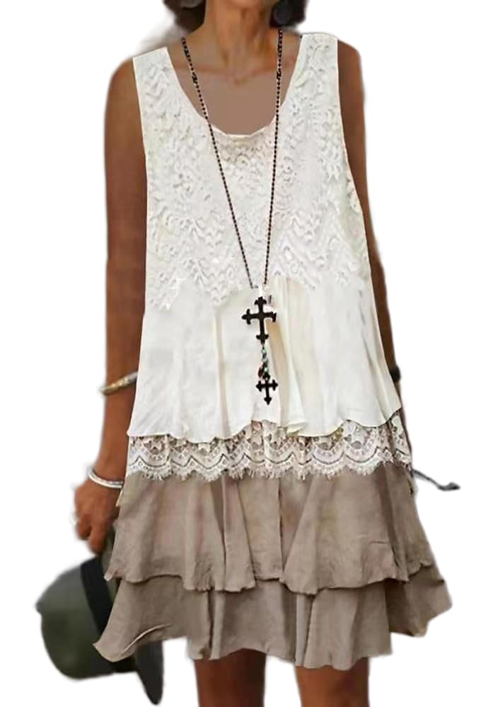 Women's Boho Lace Ruffle Tiered Sundress Summer Casual Loose Sleeveless Flowy Knee Length Dress Beach Wedding Guest