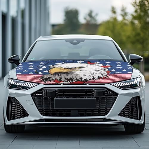 Image of USA Flag Car Hood Cover Elastic Car Hood Cover Banner 3D Eagle Car Hood Dust Covers 4th of July Automobile Front Hood Cover Cars Sedan Accessories