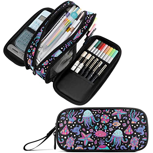 Image of Fustylead Starfish Jellyfish Turtle Fish Pen Pencil Case Makeup Pouch Big Capacity Multi-Purpose Travel Bag Office Organizer with Zipper
