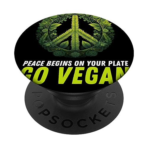 Go Vegan Vegetarian Hippie Peace Begins On Your Plate PopSockets Swappable PopGrip, Black