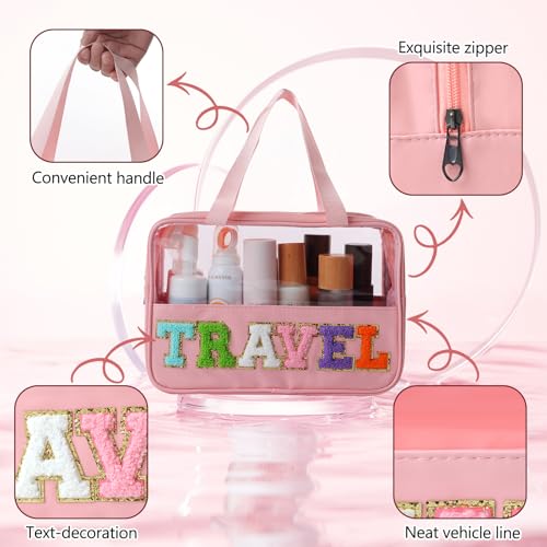 Girls Clear Makeup Bag with Chenille Letter Patches,Travel Essentials Large Zipper Toiletry Bags with Handle,Waterproof Cosmetic Stuff Sunscreen Storage Pouch for Women (STUFF)3