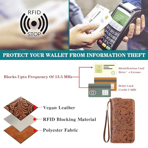 GOIACII Women's Wallet Wristlet Ladies Phone Purse RFID Blocking Large Card Holder Double Zip Grip Strap Vegan Leather4