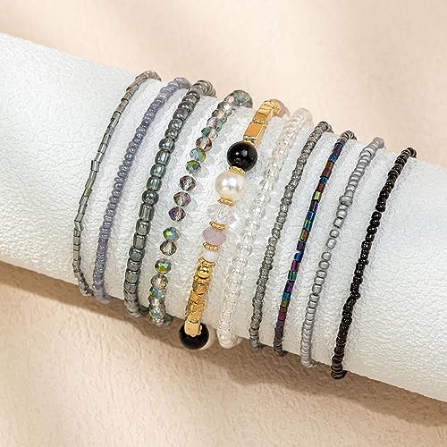Image of Caiyao Handmade Multicolor Bohemian Crystal Beaded Bracelets Set Multilayer Stackable Boho Charms Stretch Layered Bead Adjustable Bangles Strand Jewelry for Women