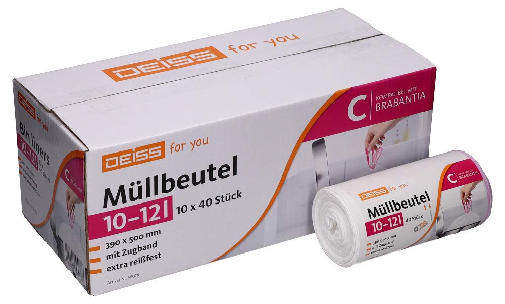 DEISS - Bolsas de basura de 10-12 L para cubo de apertura táctil Brabantia Touch Bin (tamaño C), 400 unidades