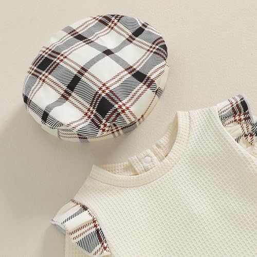 3PCS Infant Baby Girls Ruffles Long Sleeves Knit Romper + A-Line Plaid Skirt + Plaid Beret Hat Sets3