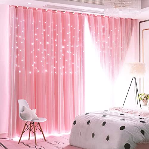 Lanqinglv Rideaux Chambre Enfant Fille, 2 Panneaux Occultant Étoiles Rose avec Voilages, Colorés Thermiques pour Salon Chambre Décoration (L 132 x H 243 cm)