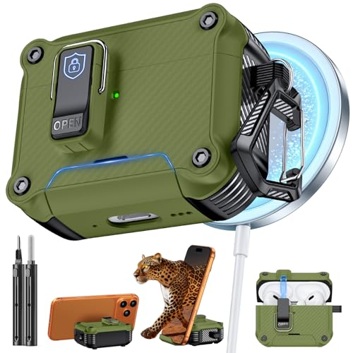 Image of Inesore for AirPods AirPods Pro 1st /2nd Case with Secure Lock (Dark Green) | Phone Stand Design,Compatible with MagSafe,Automatic Snap Switch Secure Cover Carbon Fiber Texture with Cleaner Kit