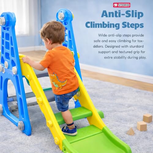 Image of Storio 3-in-1 Garden Slide & Swing with Basketball Hoop for Kids 2-5 Years | Indoor Outdoor Baby Slide Swing Combo | BPA-Free Plastic Playset for Boys & Girls | Easy Assembly - Blue Green & Yellow
