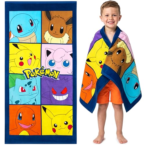 Pokemon Handtuch Kinder 70x140 cm Schnelltrocknendes Strandtücher 100% Baumwolle Pikachu Bisasam Evoli Ideal for Baden Beach Ausflug