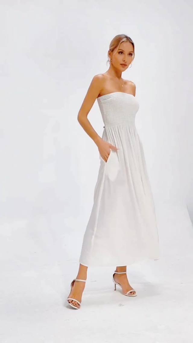 Aigeman Women Strapless Tube Maxi Dress Flowy Swing Long Sundress  Sleeveless Summer Boho Beach Dress with Pokets 330(XS,Apricot) at Amazon  Women's Clothing store