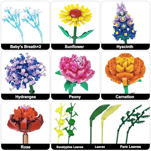 Image of Flowers Building Set with Vase, 14 Wildflowers Bouquet Kits with Rose, Sunflower, Baby's Breath, Botanical Collection, Compatible with Lego Flowers, Chrismas Thanksgiving Birthday Gifts, 11001