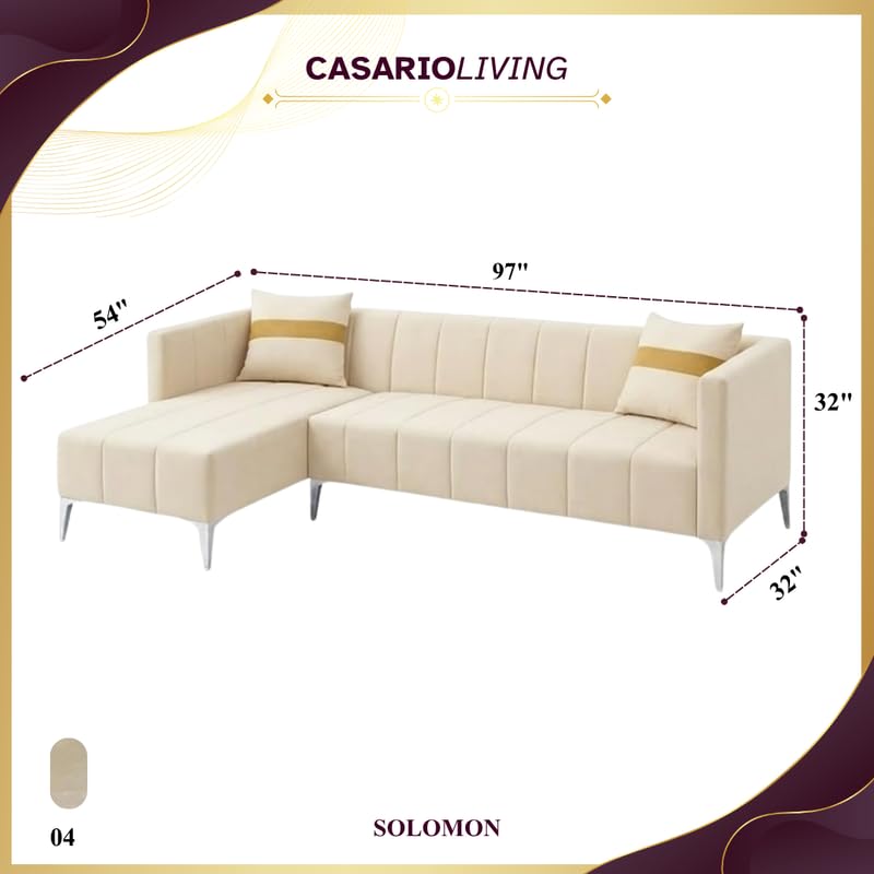 Image of Solomon Luxe Velvet-Suede Fabric 5 Seater LHS L Shape Sofa | Comfortable & Spacious Seating | Modern Sofa for Living Room - Cream