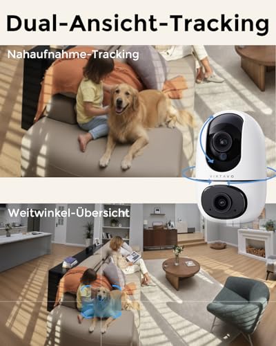 virtavo XD1 WLAN Dual Kamera Überwachung Innen, 2 Ansichten Gleichzeitig, Ohne ABO, Smart Tracking, Rundum‑Sicht, Farbnachtsicht, Zwei‑Wege‑Audio, 1080P Überwachungskamera für Baby & Haustiere