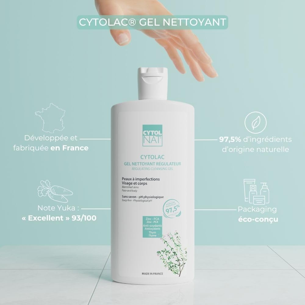 CYTOLNAT - Cytolac Gel Nettoyant - Nettoie en Douceur et Régule l’Excès de Sébum - Sans Savon - Peaux Sensibles, Mixtes à Grasses - Visage et Corps - Formule Naturelle - 250 ml