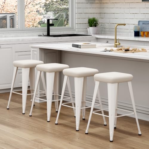 Image of Yongchuang Backless Bar Stools Set of 4, 30 inch Farmhouse PU Leather Barstools | Upholstered Bar Height Stools with Metal Legs, Modern Rustic Kitchen Island Dining Stools Off-White