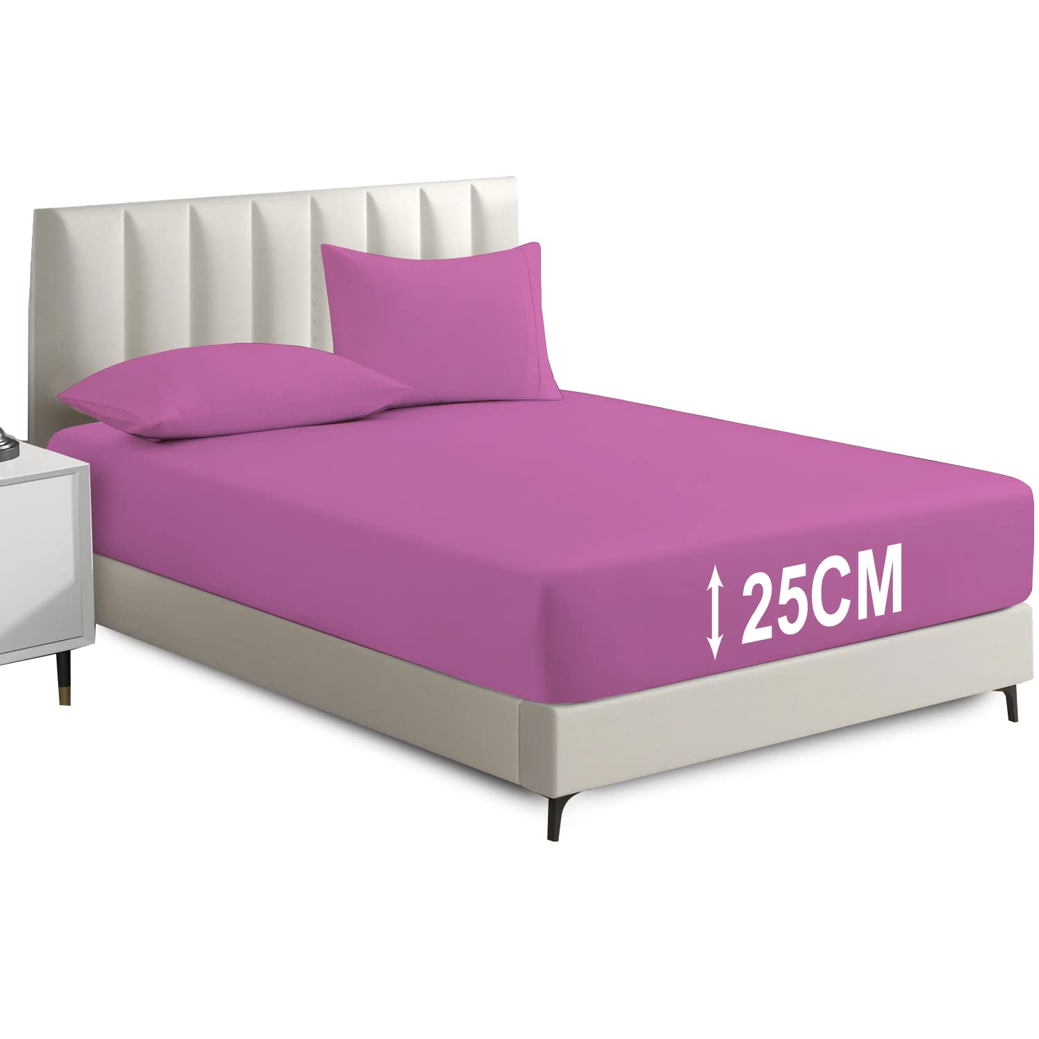 Deep Fitted Sheet 25cm - Plain Dyed Non Iron Polycotton Fitted Bed Sheet Mattress Cover - Elasticated Deep Pocket Bed Mattress Cover (Pink, Super King)