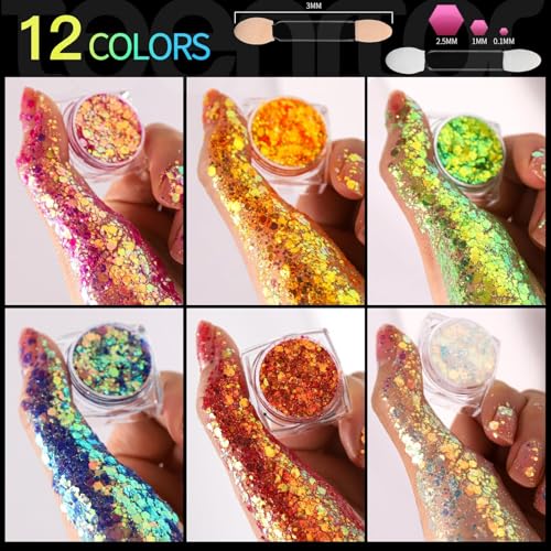 Festival Glitzer Gesicht, 12 Stück Body Glitter Gel Chunky Sequin Face Body Glitter Festival Zubehör Accessoires Gadget, Haar Glitzer Festival Gesichtsglitzer Halloween Schminke Karneval Körperglitzer