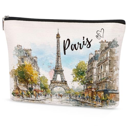SEAOYOZO Paris Makeup Bag Gifts for Women – Paris Souvenirs From France Travel Essentials Watercolor Cosmetic Bag with Eiffel Tower Design, Travel Pouch for Girl Toiletries Souvenir Organizer