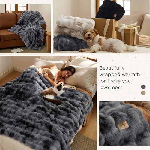 Bedsure GentleSoft Fluffy Faux Fur Blanket Twin Size, Fuzzy Soft Bubble Blanket for Couch, Faux Fur Decor for Home Bedroom Living Room, Thick Furry Cozy Gifts for Women, Tie-dye Grey, 60x80 Inch