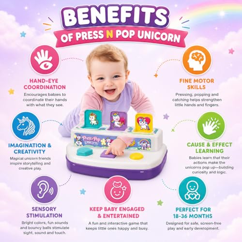 Image of Toymate Press n Pop Unicorn Toy for 18-36 Months | Interactive Pop Up Toy with 6 Unicorn Plates & 3 Balls | Sensory Learning, Fine Motor Skills Toddler