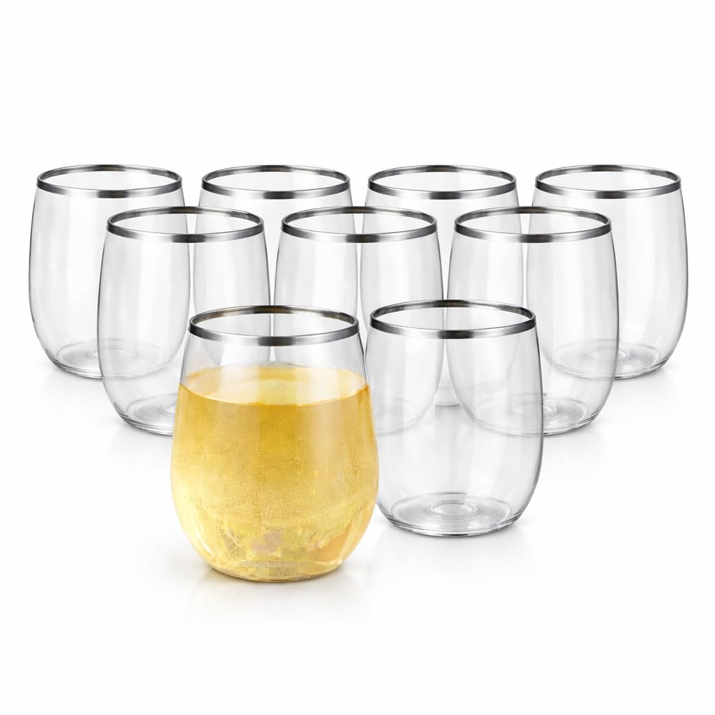 Amazon.com | Oojami 48 Pack Plastic Wine Glasses Disposable 10 oz Silver  Rim - Stemless Heavy Duty Shatterproof BPA-Free Reusable Champagne Mimosa  Wine Cocktail Cups Recyclable for Wedding Party Birthday Outdoor: Wine  Glasses