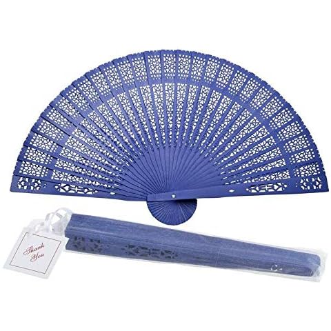 Quasimoon 8" Dark Blue Chinese Folding Wood Panel Hand Fan w/ White Organza Bag for Weddings by PaperLanternStore Cover