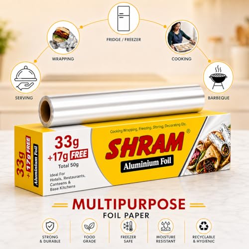 Image of Aluminium Foil | 11 Micron Food Grade Kitchen Foil Roll | Safe Paper Zigzag Cutter | Multipurpose Foil for Cooking, Baking, Wrapping & Food Storage (33 gm+ 17 gm Exttra Free /11 Micron)