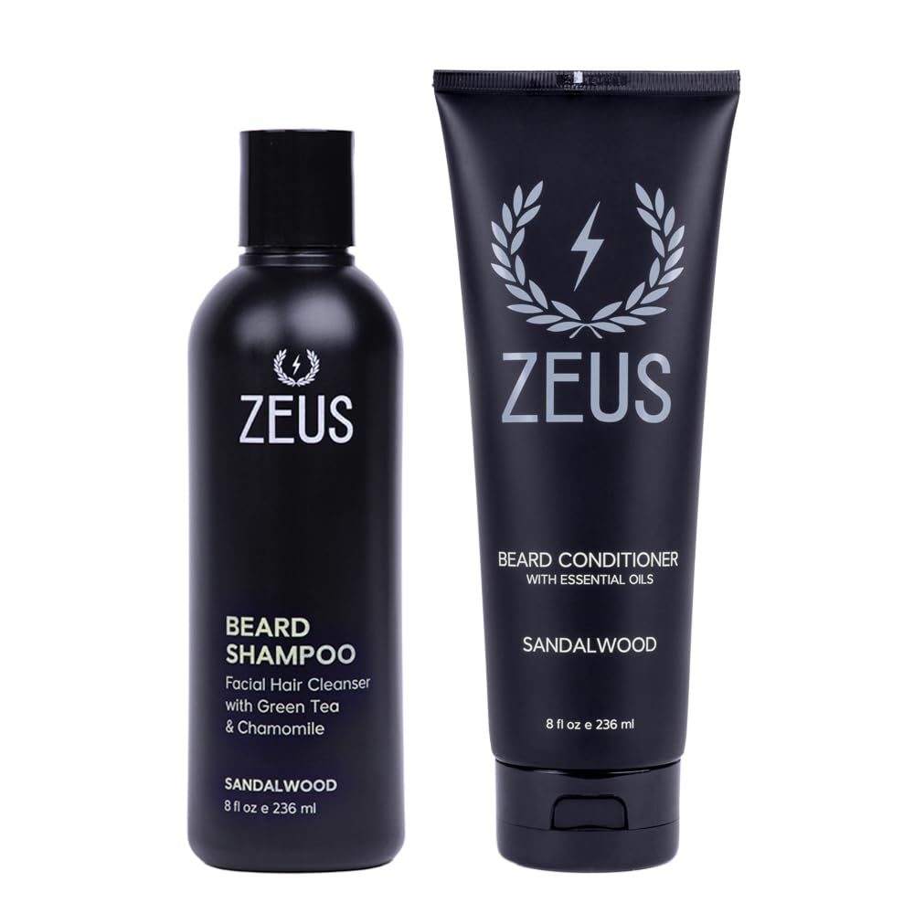 ZEUS Beard Wash Set for Men, Shampoo & Conditioner Duo with Green Tea & Essential Oils, Hydrates, Softens & Strengthens Beard Hair (Made in USA) Sandalwood