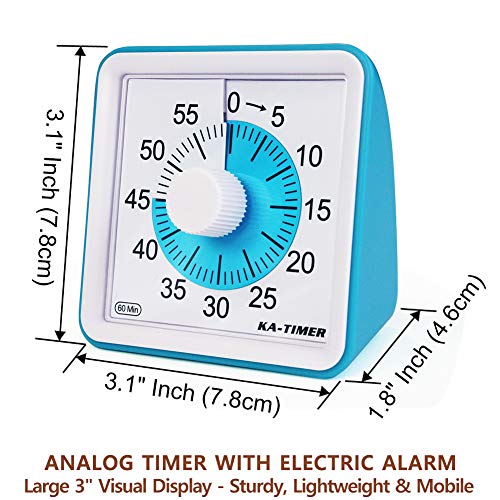 KITCHENARM 60 Minutes Visual Kitchen Timer Wind Up - 3 Inches Visual Analog Timer For Kids Adults No Ticking - 4 Alarm Modes Visual Countdown Timers For Cooking - Silent Timer For Classroom (BLUE)