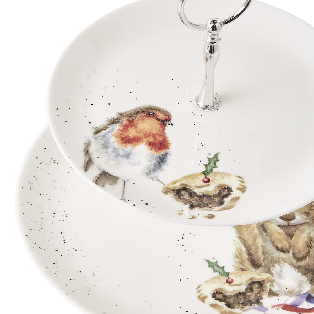 Wrendale Designs Royal Worcester Wrendale Deigns Présentoir à gâteaux Festif à Deux étages Motif Rouge-Gorge et Lapin Blanc