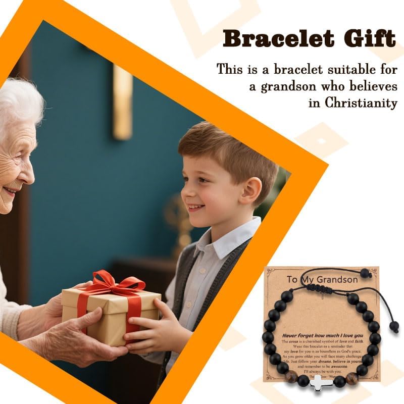 Christmas Gifts for Men Christian Grandson Son Birthday Gift for Men Catholic Cross Bracelet with Inspirational Card - Image 2
