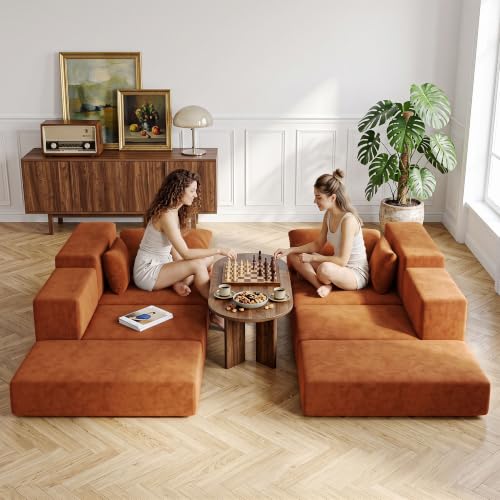 Image of Cloud Modular Sectional Sofa, Comfy Boneless Couch for Living Room, Modern L-Shaped Couch with Reversible Chaise, Customizable Sleeper Sofa with Non Slip, No Assembly & Deep Seat, Orange