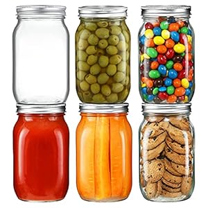 YEBODA 6 Pack Wide Mouth Mason Jars 32oz Glass Canning Jars with Airtight Lids and Bands for Preserving, Jam, Honey, Jelly, Wedding Favors, Sauces, Meal Prep, Overnight Oats, Salad, Yogurt