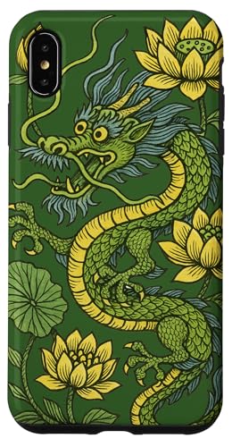 中国のドラゴンと蓮の花 フローラルドラゴン スマホケース iPhone XS Max 用