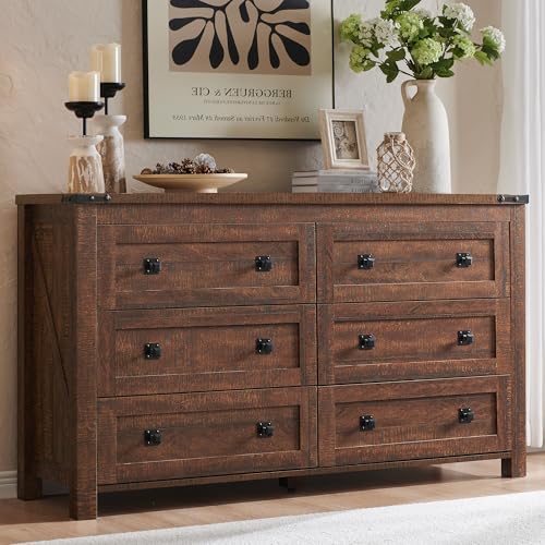 Image of T4TREAM Farmhouse 6 Drawers Dresser for Bedroom, Wood Rustic Wide Chest of Drawers, Storage Dressers Organizer for Bedroom, Living Room, Hallway, Reclaimed Barnwood Color