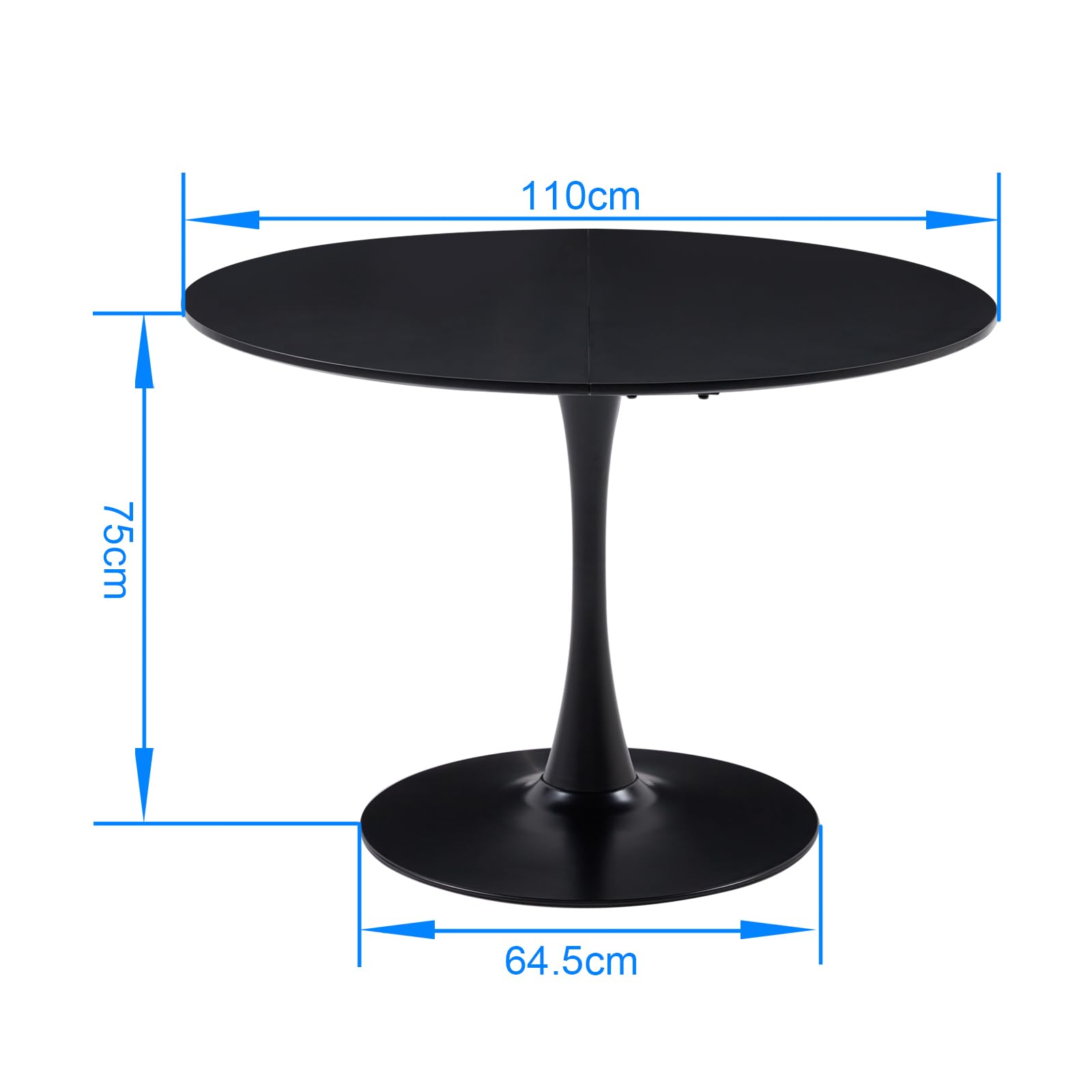 Mesa de Comedor Redonda de 110 cm, Negra, Mesa Grande para 4-6 Personas, Tablero de MDF con Patas de Hierro Resistentes, Ideal para Cocina, Sala de Estar, Comedor y cafetería